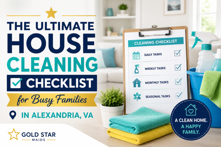 Family cleaning kitchen in Alexandria VA Professional house cleaner disinfecting bathroom Weekly house cleaning checklist Residential cleaning service in Alexandria VA Clean modern living room after professional cleaning